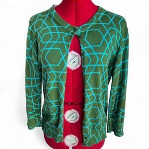 J. Crew Green and Teal Geometric Crewneck Cardigan